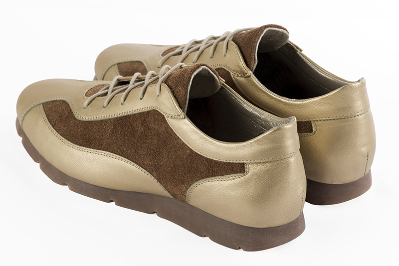 Gold and chocolate brown women's two-tone elegant sneakers. Round toe. Flat rubber soles. Rear view - Florence KOOIJMAN